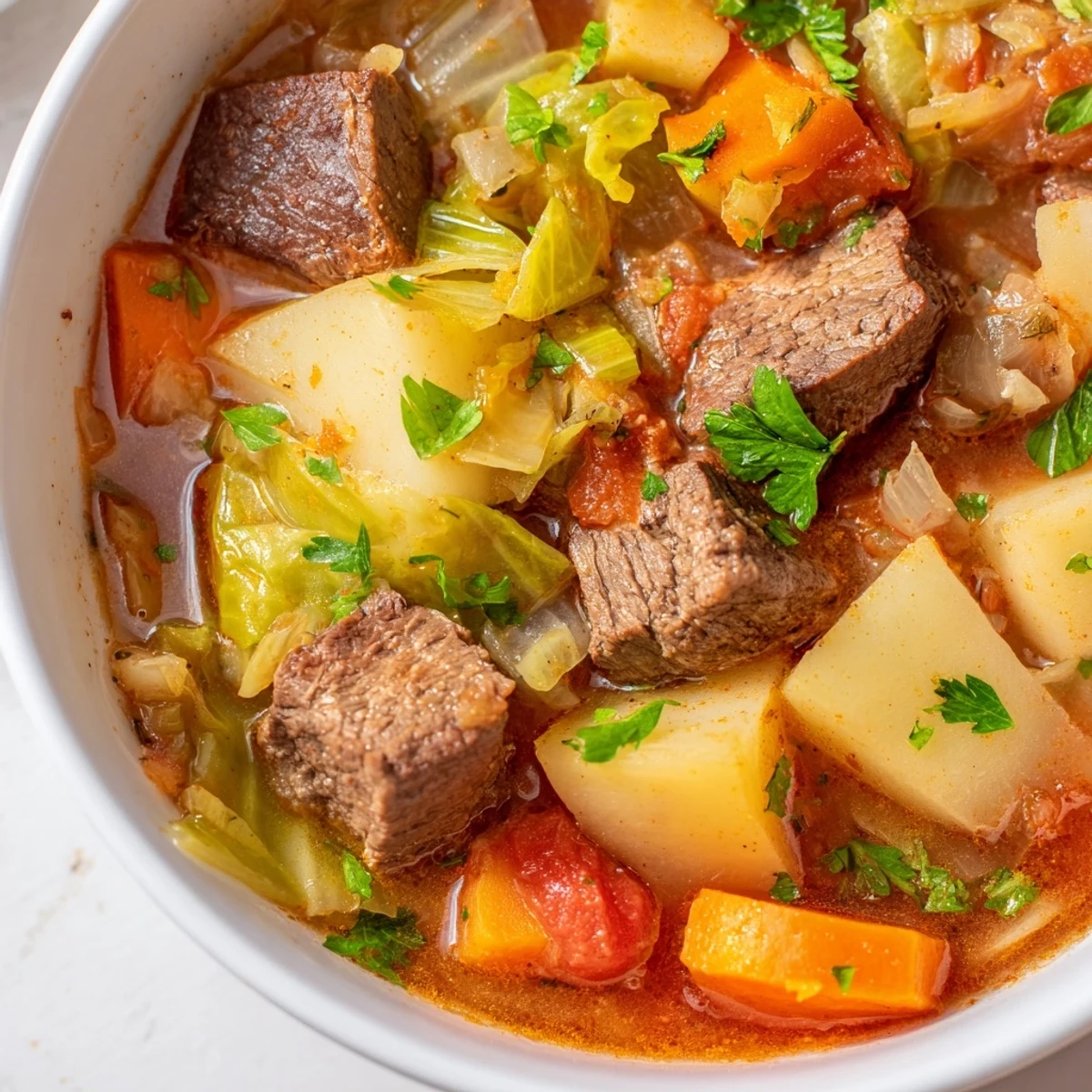 Steaming bowl of homemade Cabbage and Beef Soup with Potatoes, featuring tender meat chunks, soft potatoes, and bright green cabbage leaves.