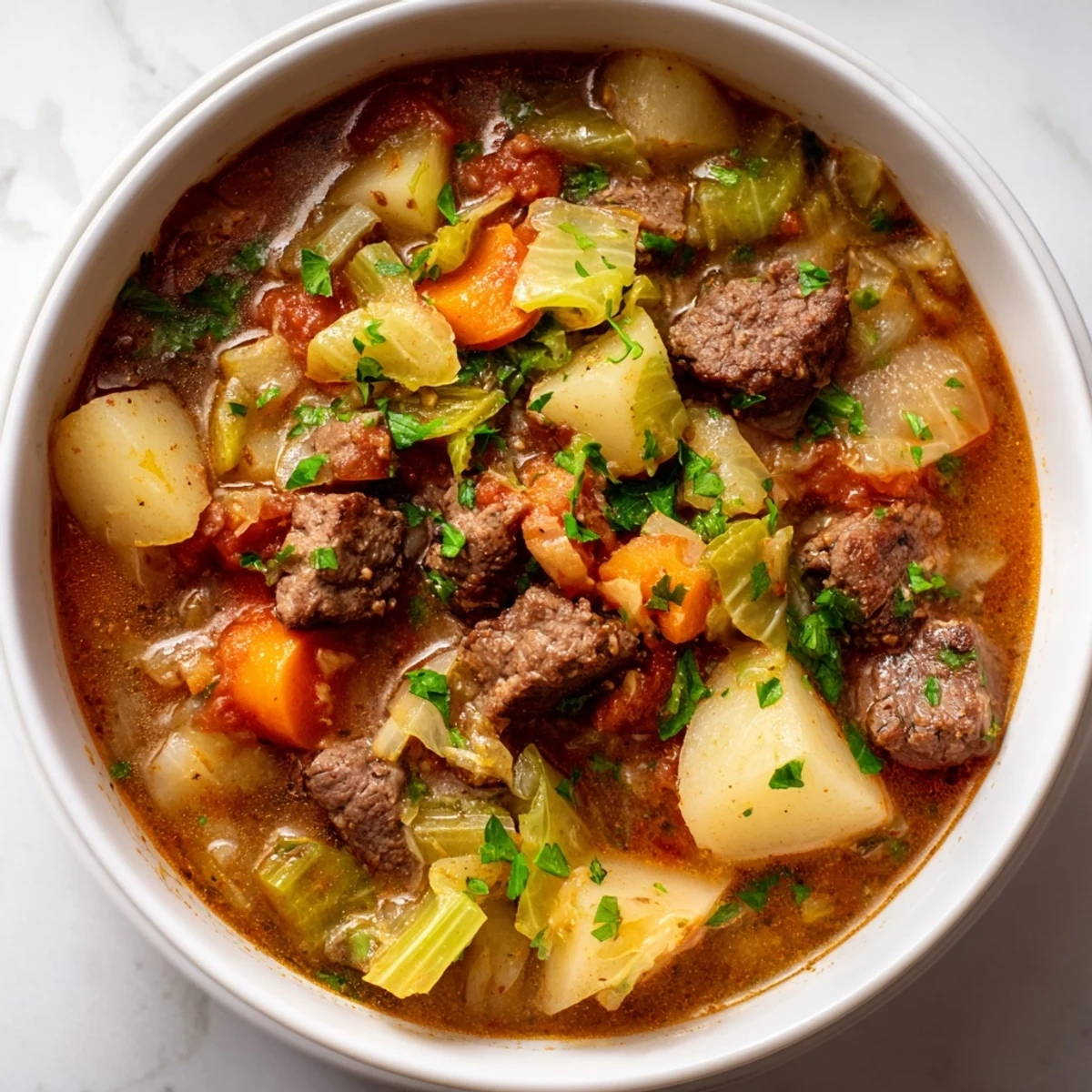 Rustic pot of hearty Cabbage and Beef Soup with Potatoes simmering, releasing savory aromas with carrots and celery in rich beef broth.