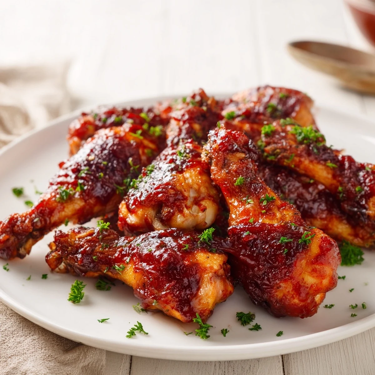 Crispy, golden chicken wings glistening with smoky homemade BBQ sauce, arranged on a platter with celery sticks for dipping.  