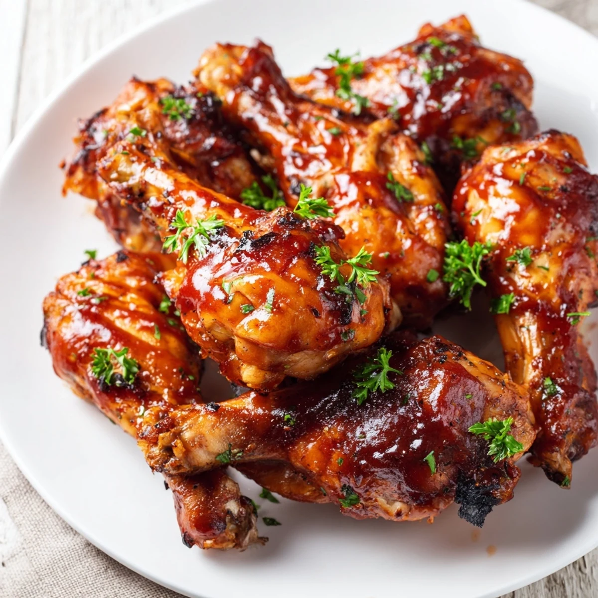 Freshly baked Chicken Wing Platter with BBQ sauce, garnished with chopped parsley and served alongside vibrant carrot sticks.  