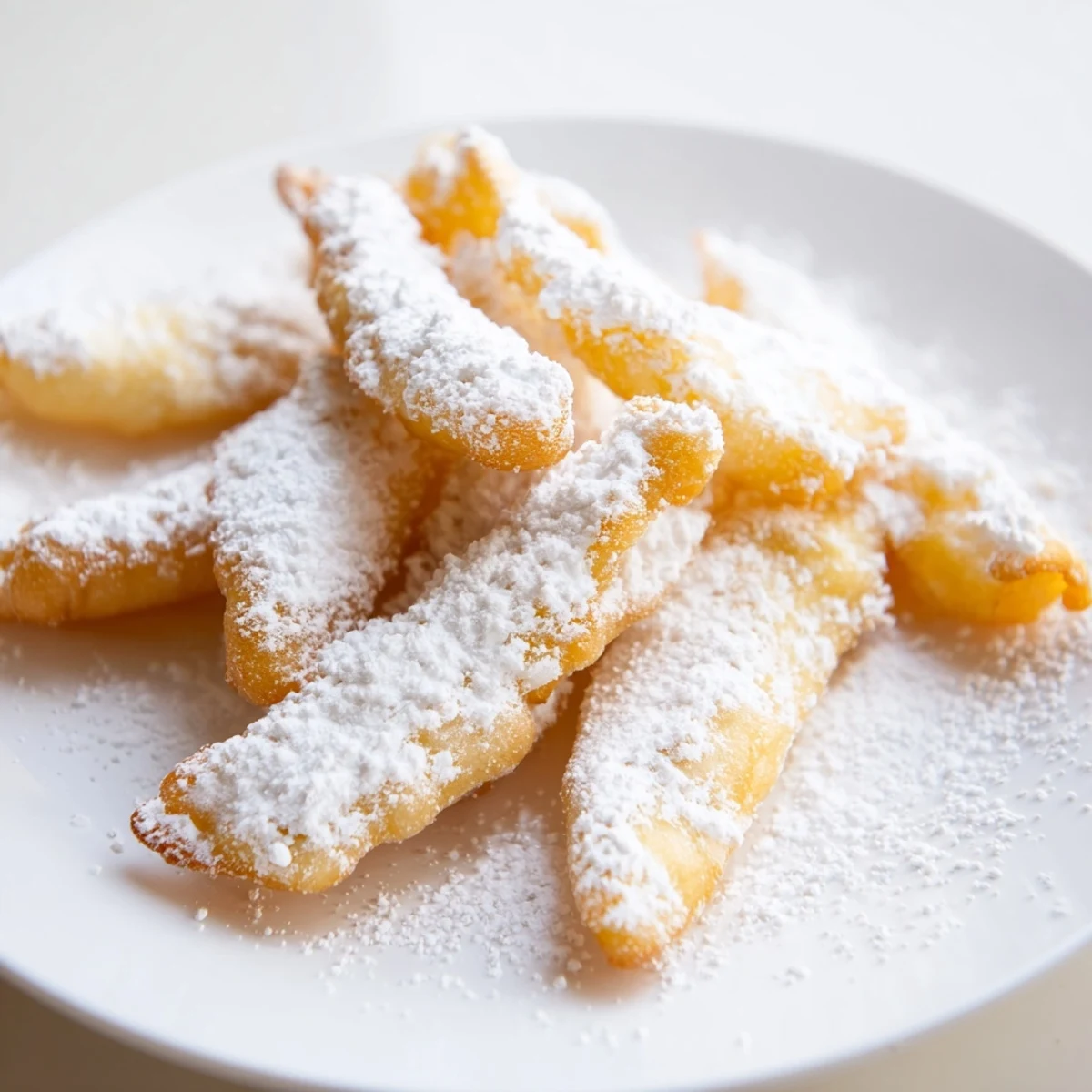 Golden beignet fries drizzled with chocolate and powdered sugar on a plate.