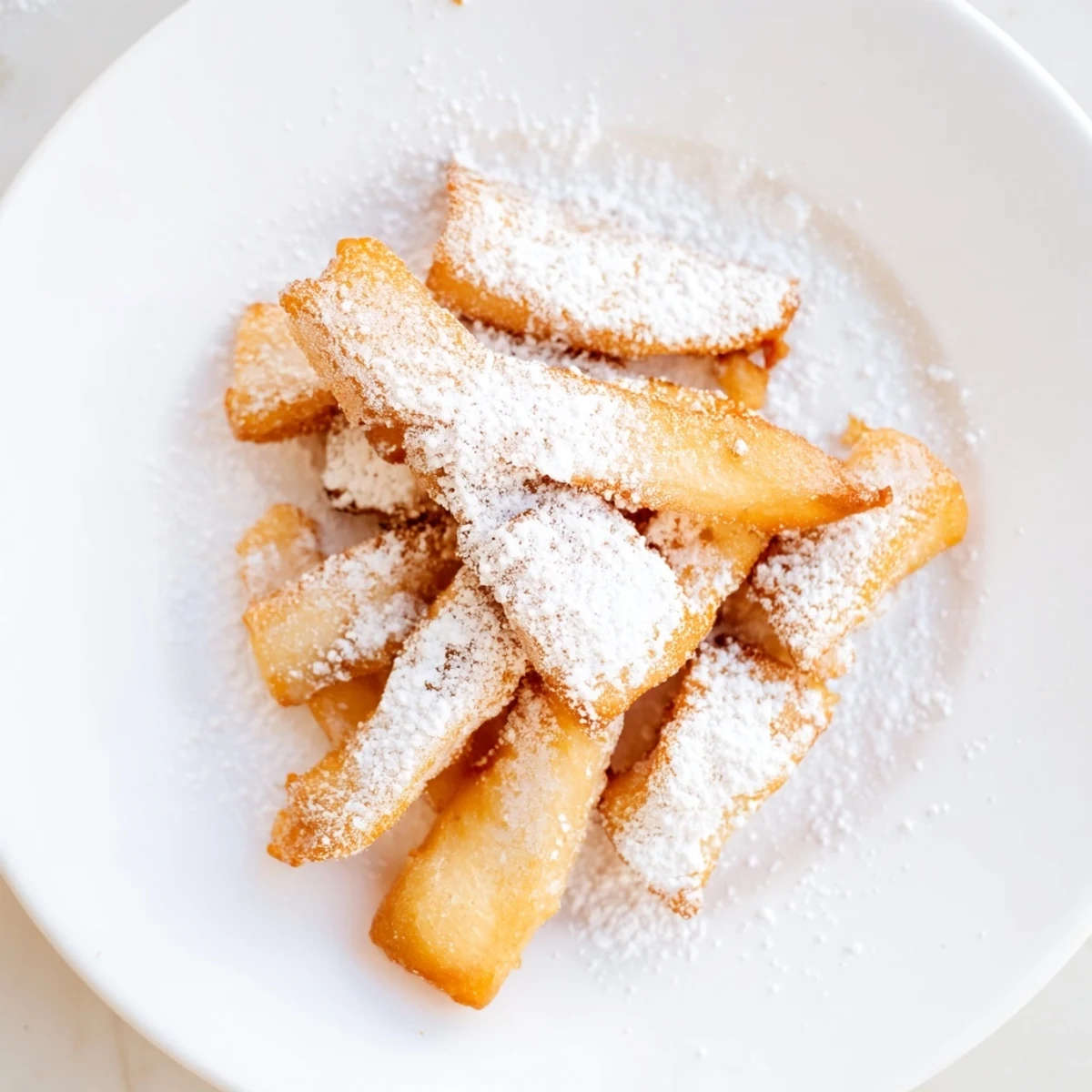 Freshly fried beignet fries dusted with powdered sugar, ready to be served.