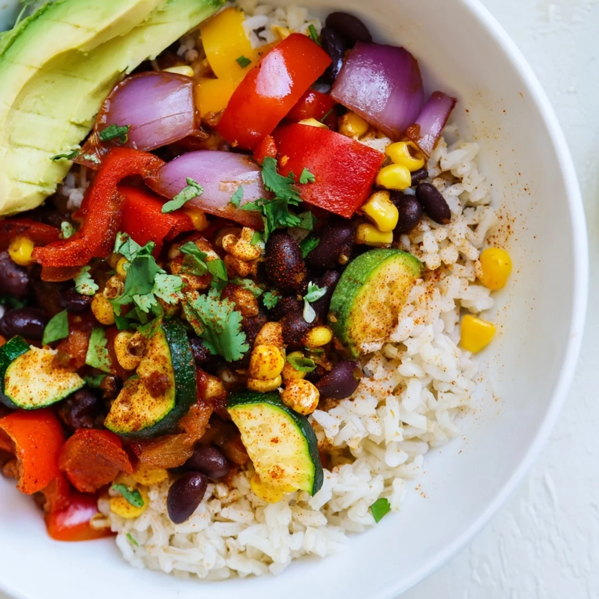 Hearty vegetarian Cajun rice bowl with roasted red bell peppers, zucchini, and cherry tomatoes, garnished with avocado slices and fresh herbs for a vibrant meal.