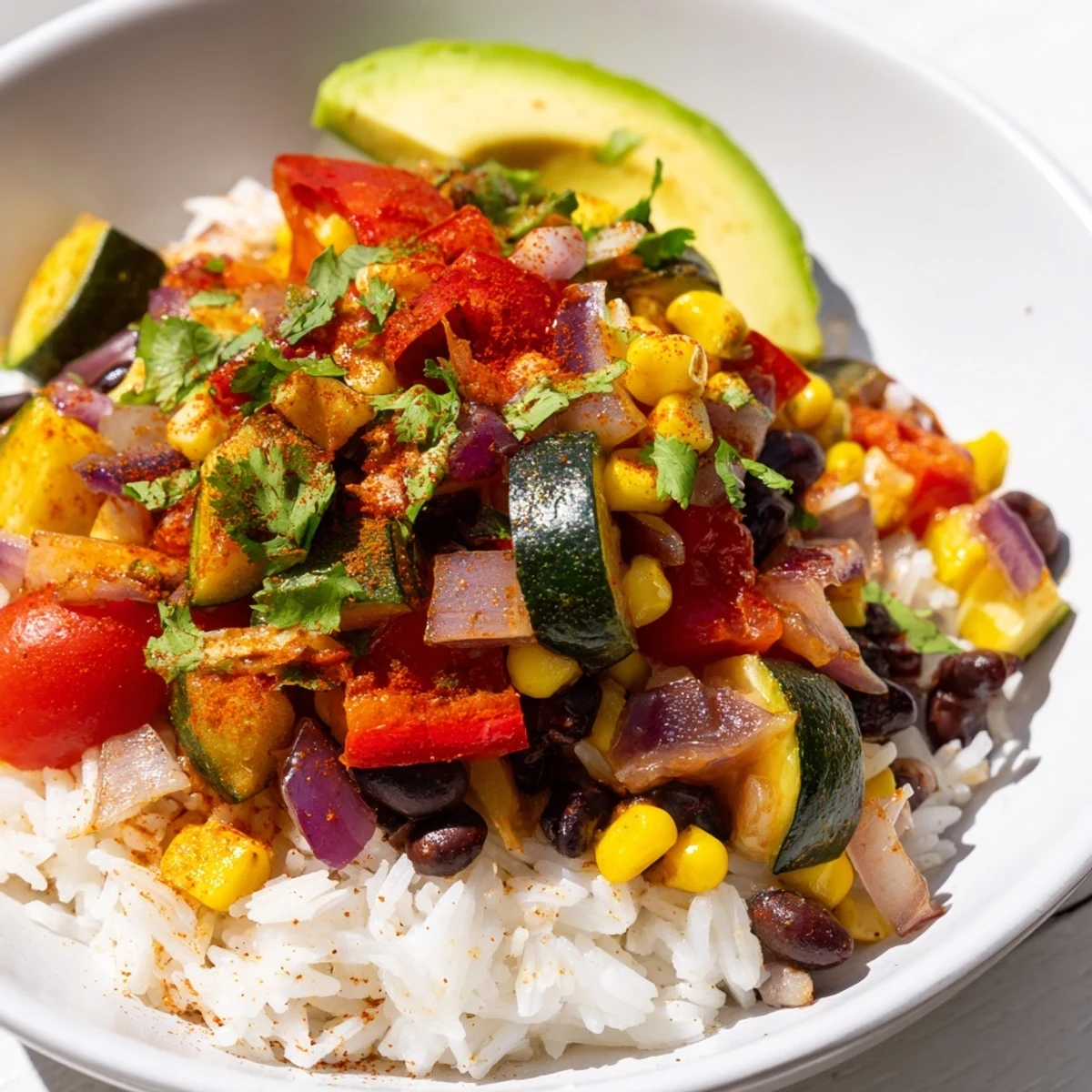 Colorful veggie rice bowl with Cajun spices, topped with black beans, corn, and fresh cilantro, served with lime wedges on a rustic wooden table.
