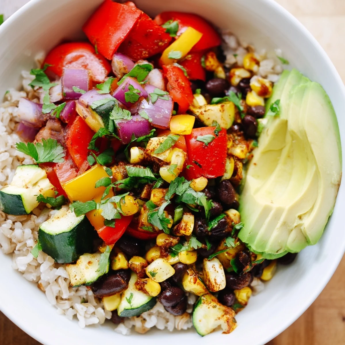 Flavorful veggie rice bowl seasoned with Cajun spices, featuring a colorful mix of sautéed vegetables, black beans, and corn, ready to serve in a white bowl.