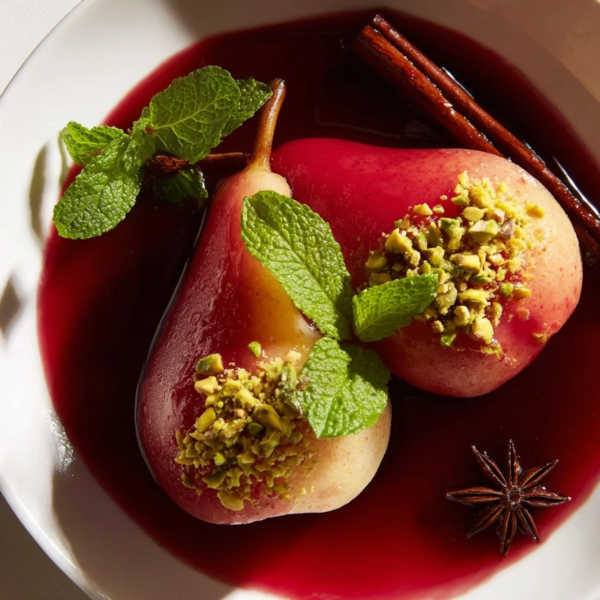 Poached pears in grape juice syrup glisten with a deep purple hue, garnished with fresh mint and crushed pistachios.  