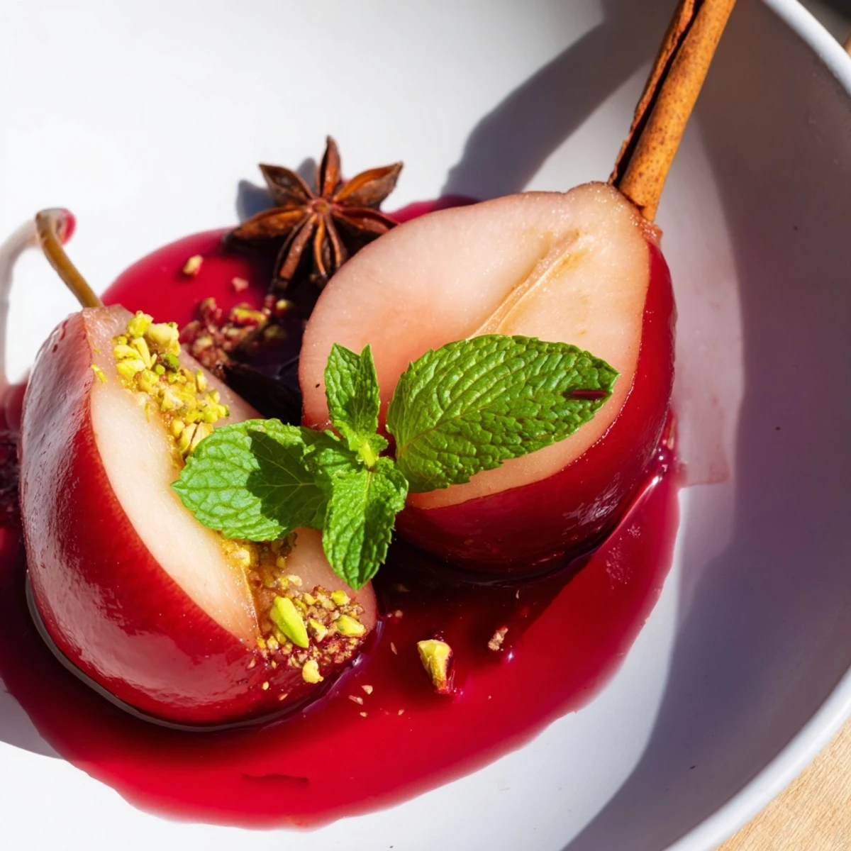 Whole cinnamon and star anise flavor the simmering syrup in this elegant, naturally sweetened dessert.  