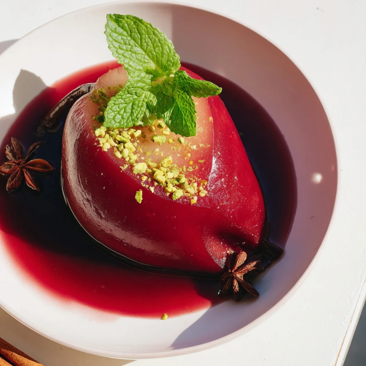 A spoon drizzles thickened grape syrup over tender pear halves, served on a minimalist white plate.