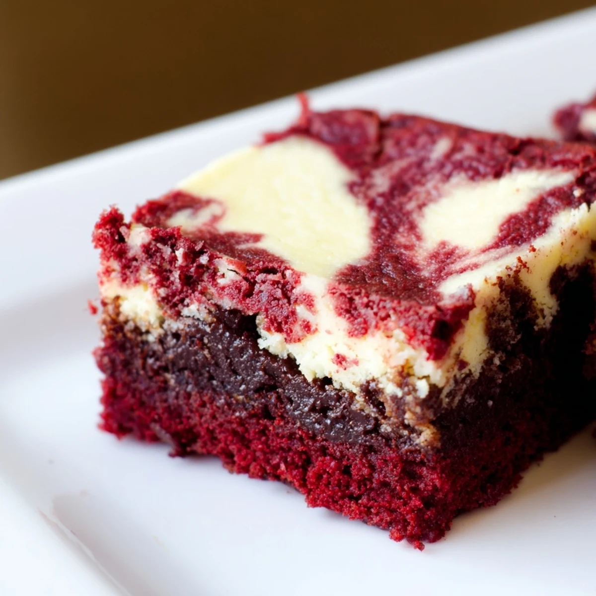 Slice of red velvet brownies with cheesecake swirl, showing rich cocoa crumb and creamy marble on a wooden board.