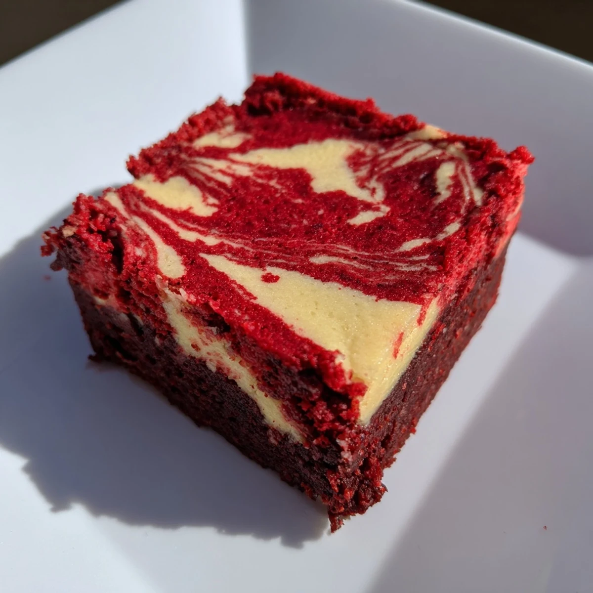 Freshly baked red velvet brownies with cheesecake swirl, served warm with a dusting of powdered sugar for a sweet finish.