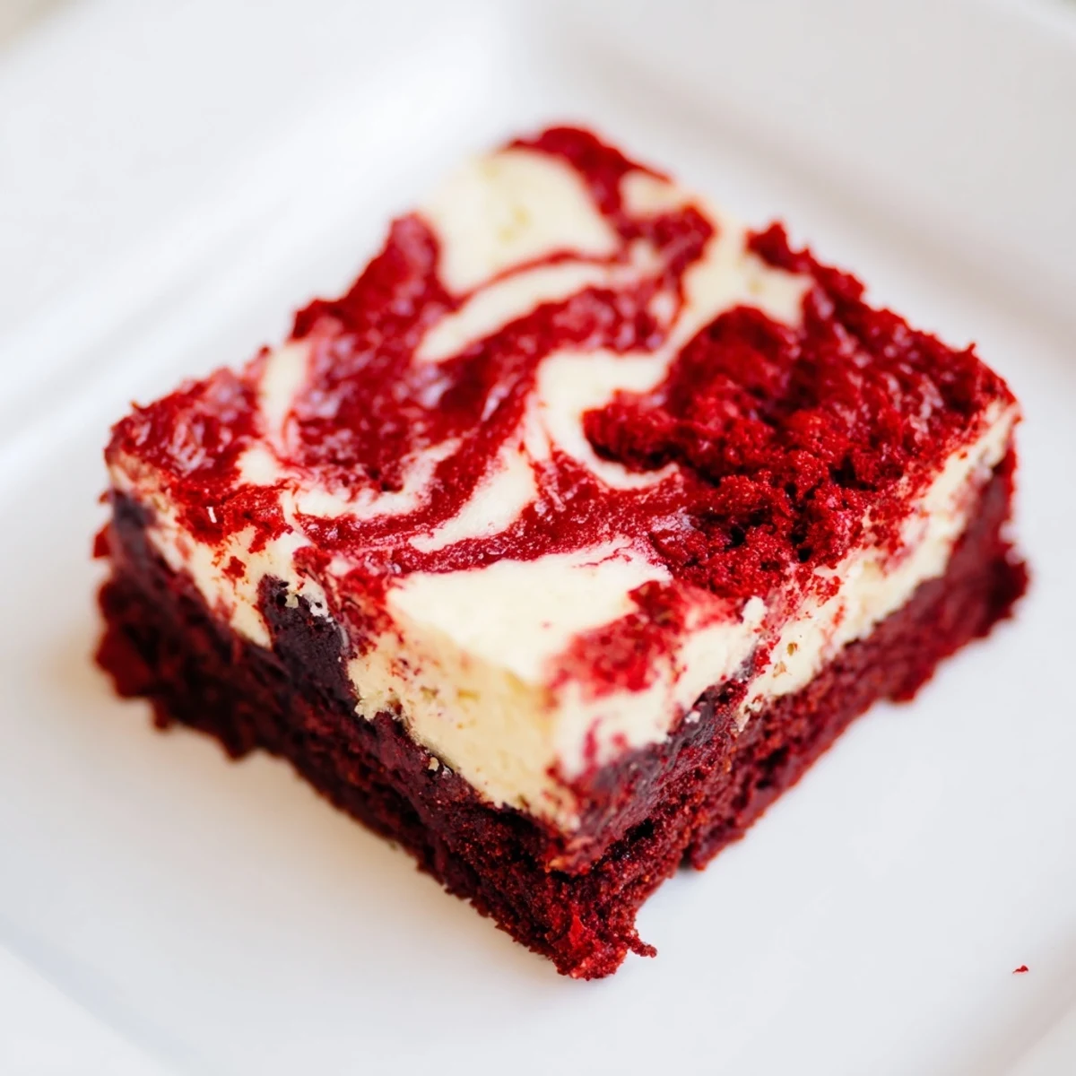Decadent red velvet brownies with cheesecake swirl, cut into neat squares on a white plate beside a glass of milk.