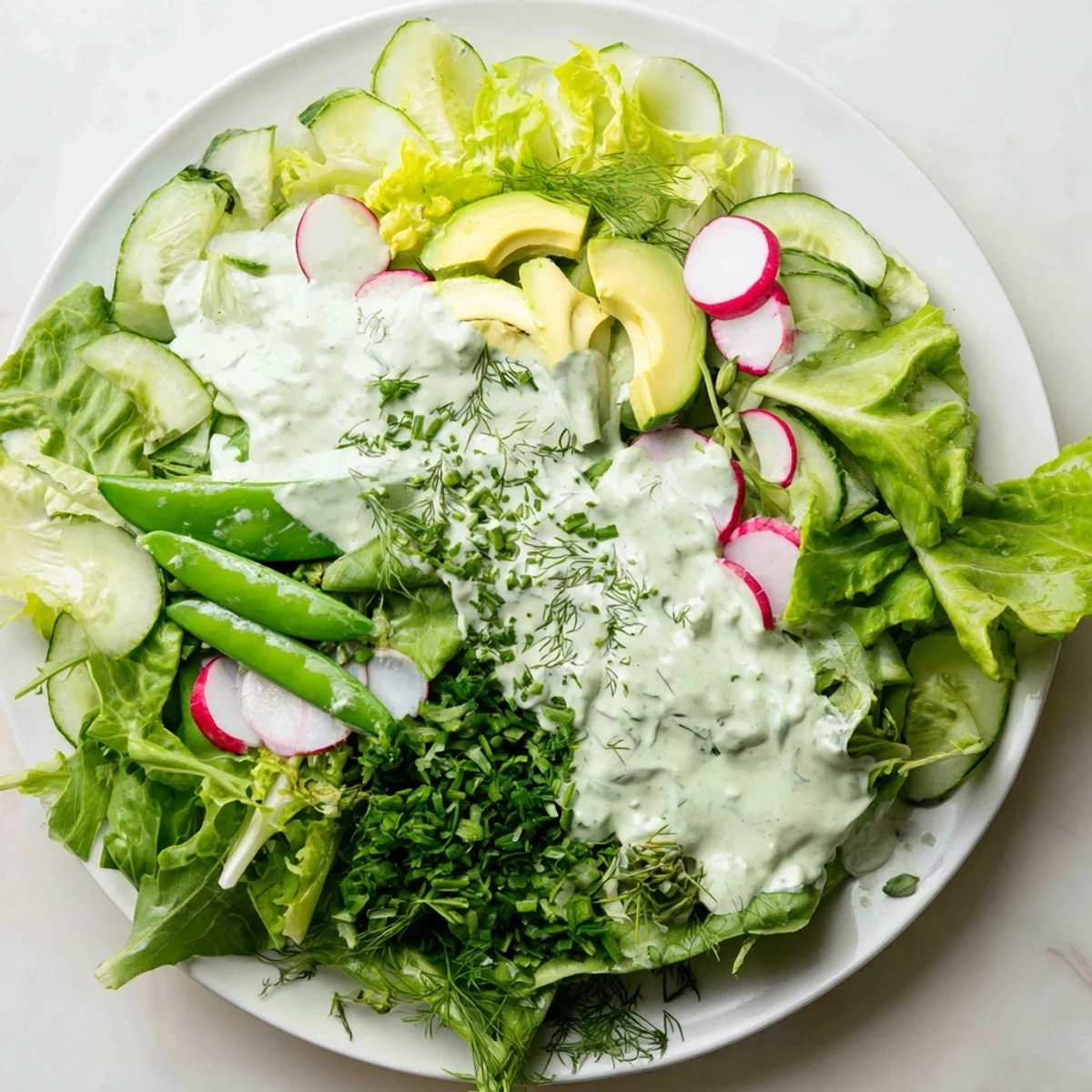 Fresh Green Salad with Green Goddess Dressing tossed with crisp cucumber and creamy avocado slices.