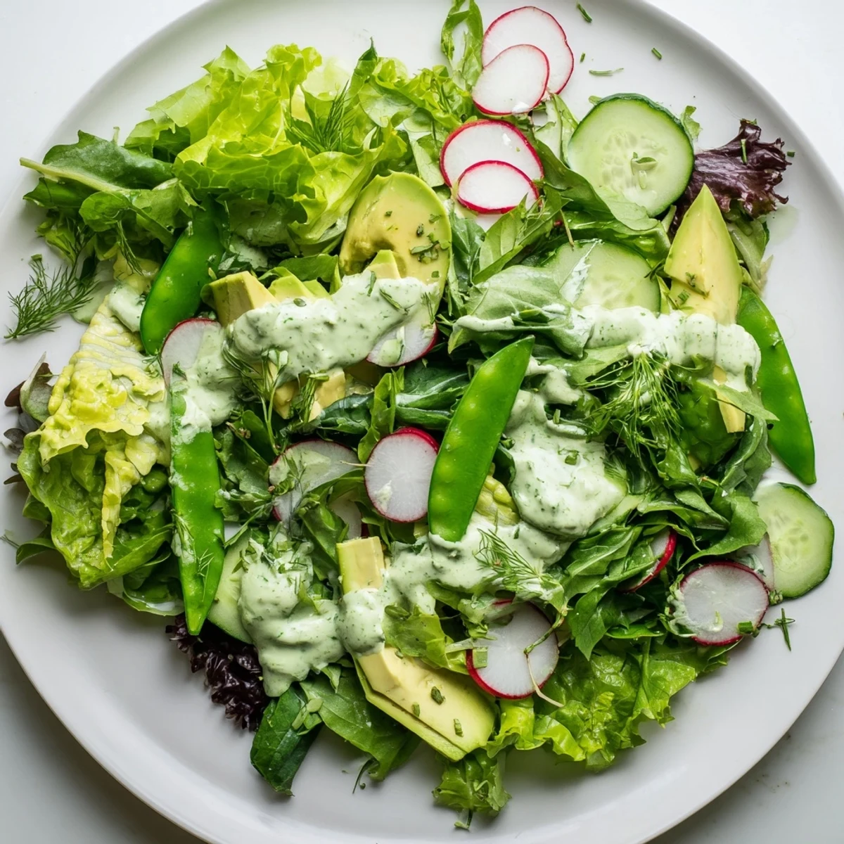 Green Salad with Green Goddess Dressing plated with radishes and snap peas, perfect for a light lunch.