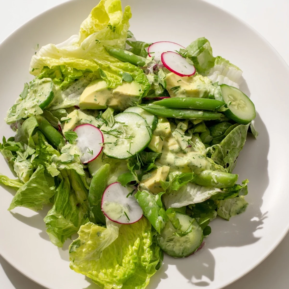 Healthy Green Salad with Green Goddess Dressing garnished with herbs, served on a white plate.