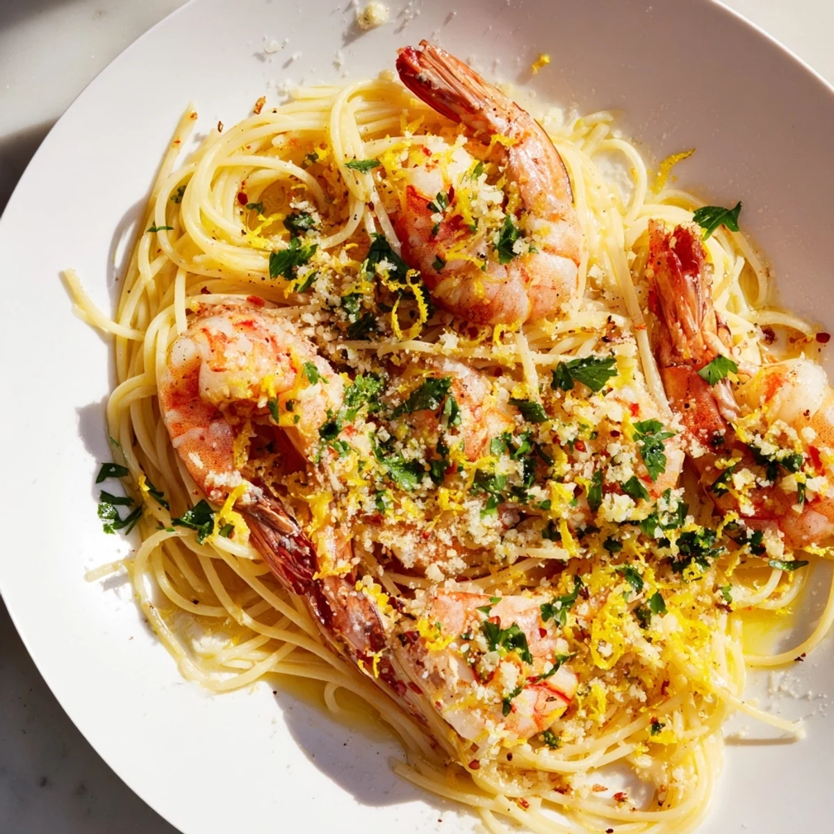 Al dente spaghetti and pink, succulent shrimp tossed in a glossy lemon garlic sauce, garnished with fresh parsley and Parmesan.