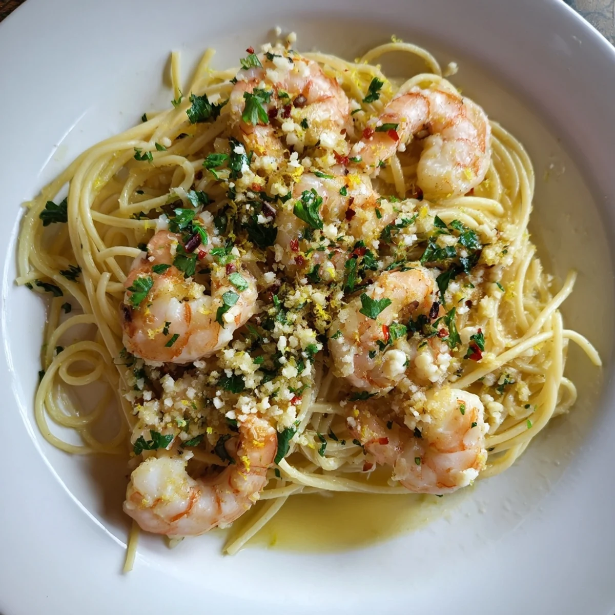 Close-up of a pasta fork lifting strands of spaghetti with sautéed shrimp, garlic, and a buttery lemon sauce.