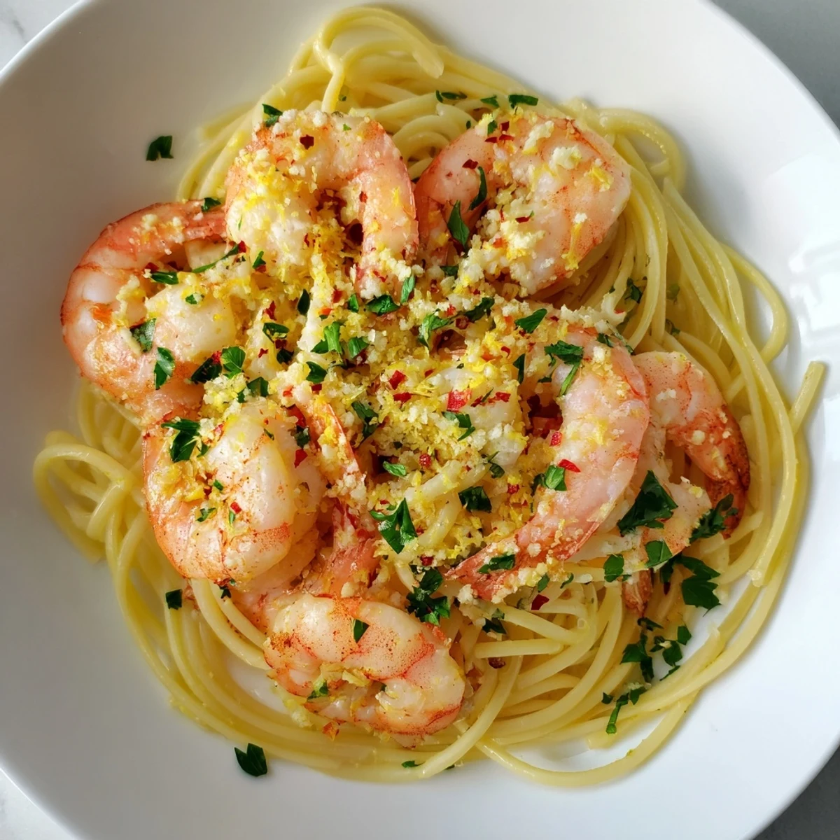 Freshly cooked Lemon Garlic Shrimp Pasta on a white plate, with lemon wedges and a sprinkle of red pepper flakes for heat.