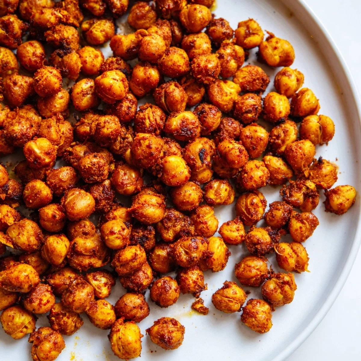 Close-up of Cajun Spiced Roasted Chickpeas, seasoned with paprika and cayenne, glistening on a baking sheet.