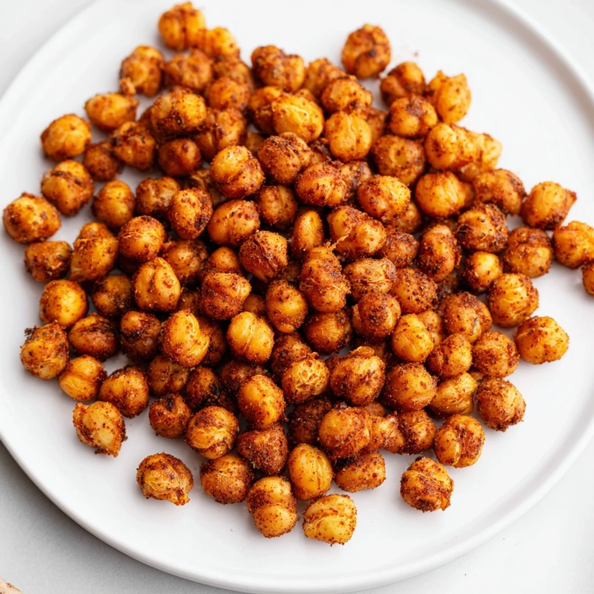 Freshly roasted chickpeas in Cajun spices, sprinkled with herbs for a bold, crunchy vegan snack.