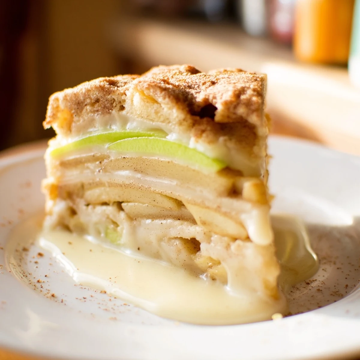 Freshly baked Irish Apple Cake with Custard sits in a round pan, its golden crumb topped with sliced apples and served alongside creamy custard.