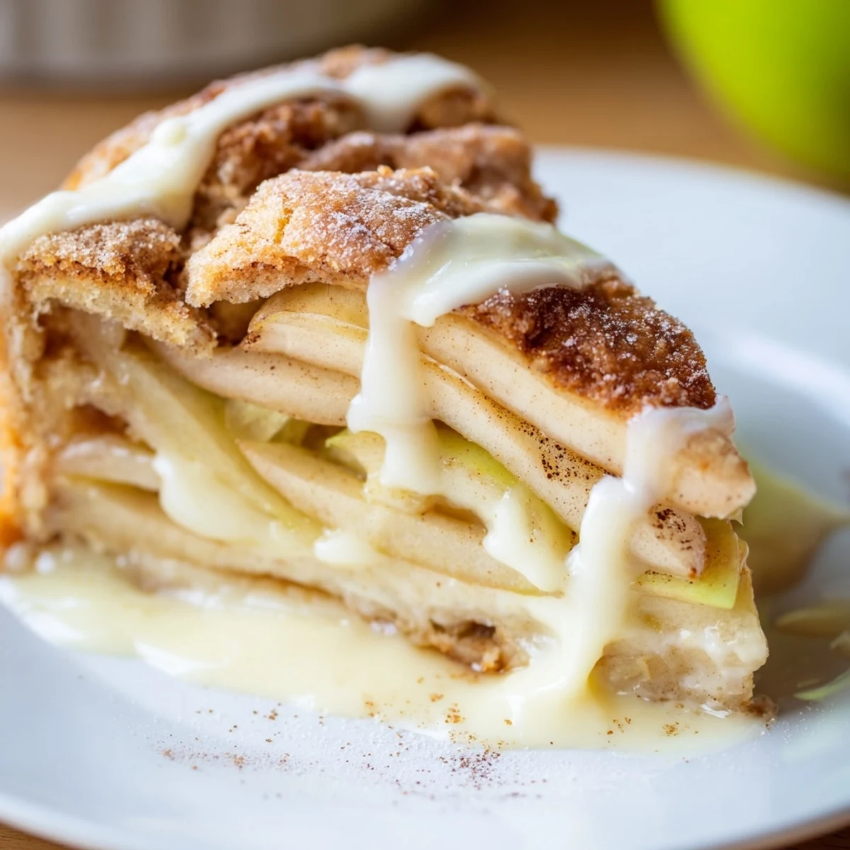 A close-up slice of Irish Apple Cake with Custard reveals tender, spiced apple pieces nestled in buttery cake, topped with crunchy demerara sugar.