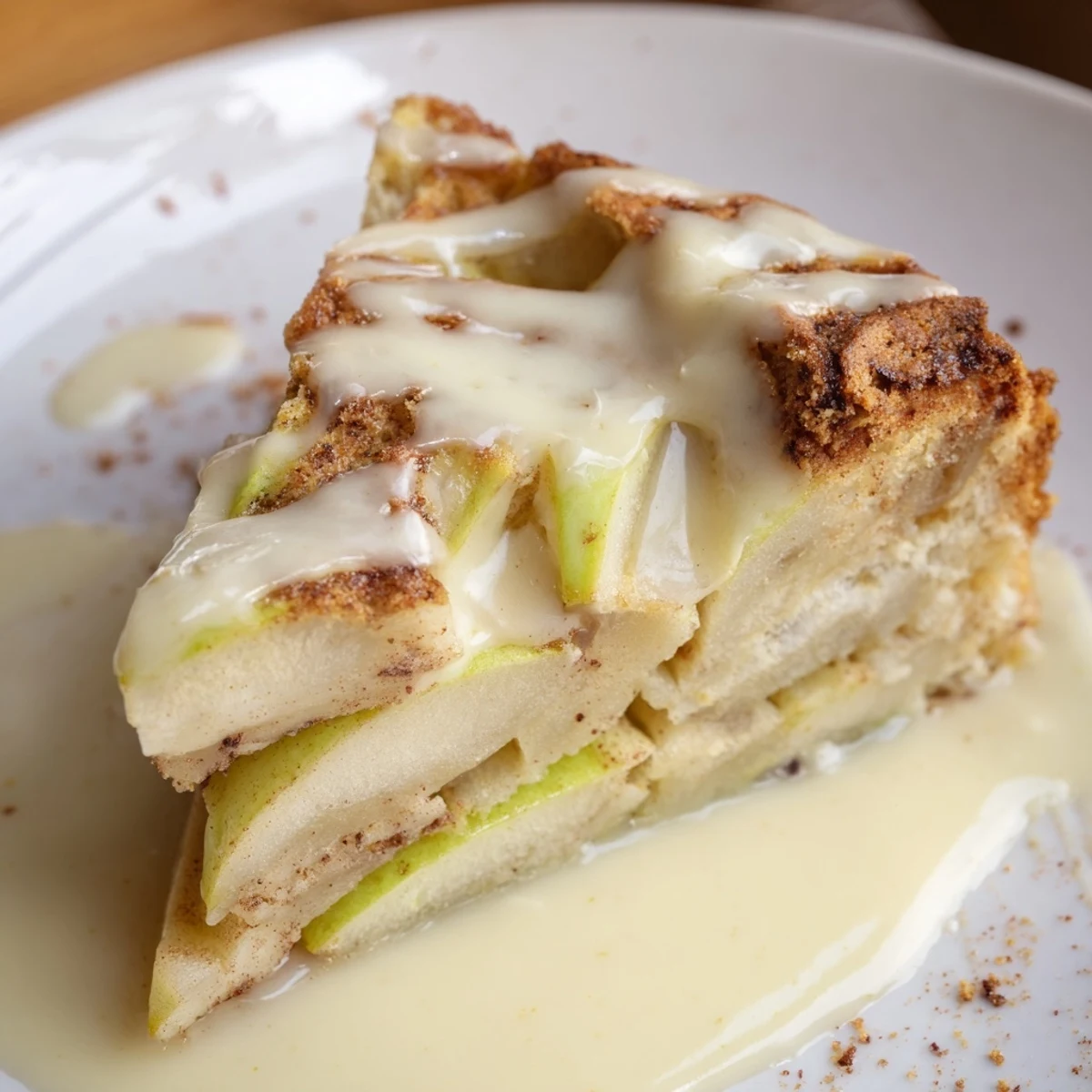 A warm slice of Irish Apple Cake with Custard is drizzled with vanilla custard, showcasing soft apples and a crumbly, buttery texture on a rustic plate.