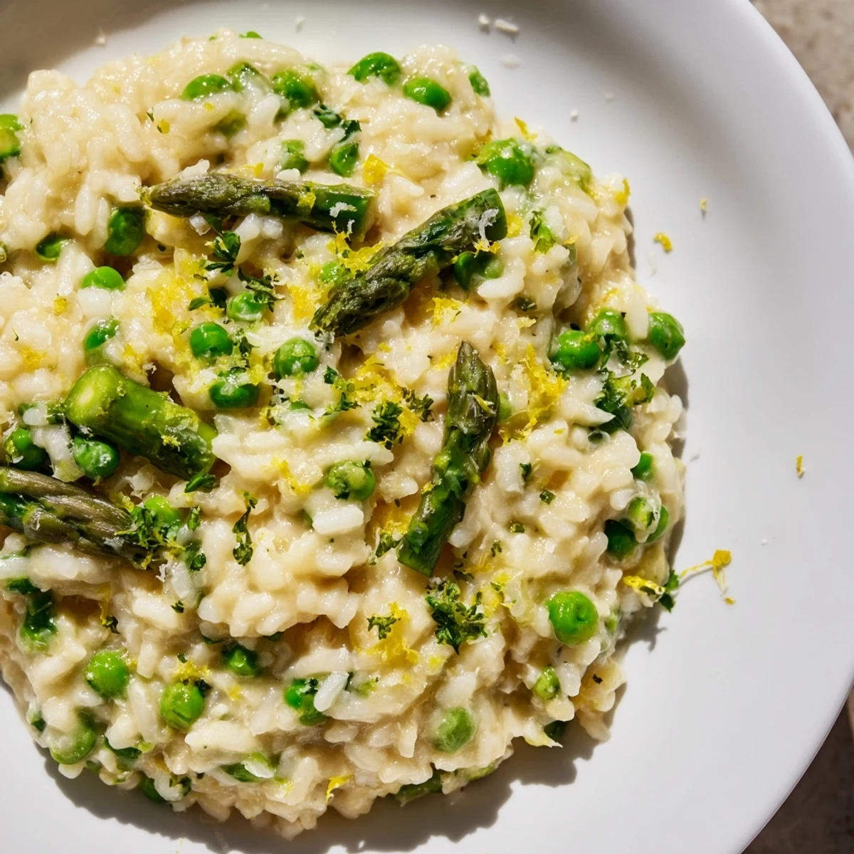 Spring Pea and Asparagus Risotto served hot with bright green peas and tender asparagus spears.