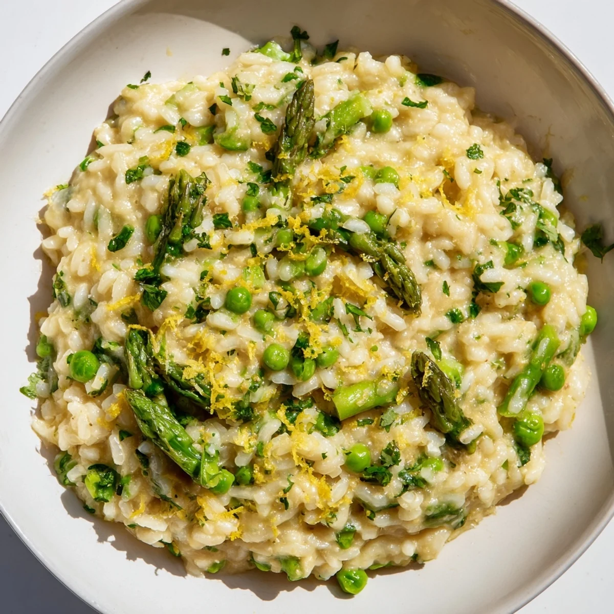 A bowl of Spring Pea and Asparagus Risotto topped with Parmesan, ready to be enjoyed.
