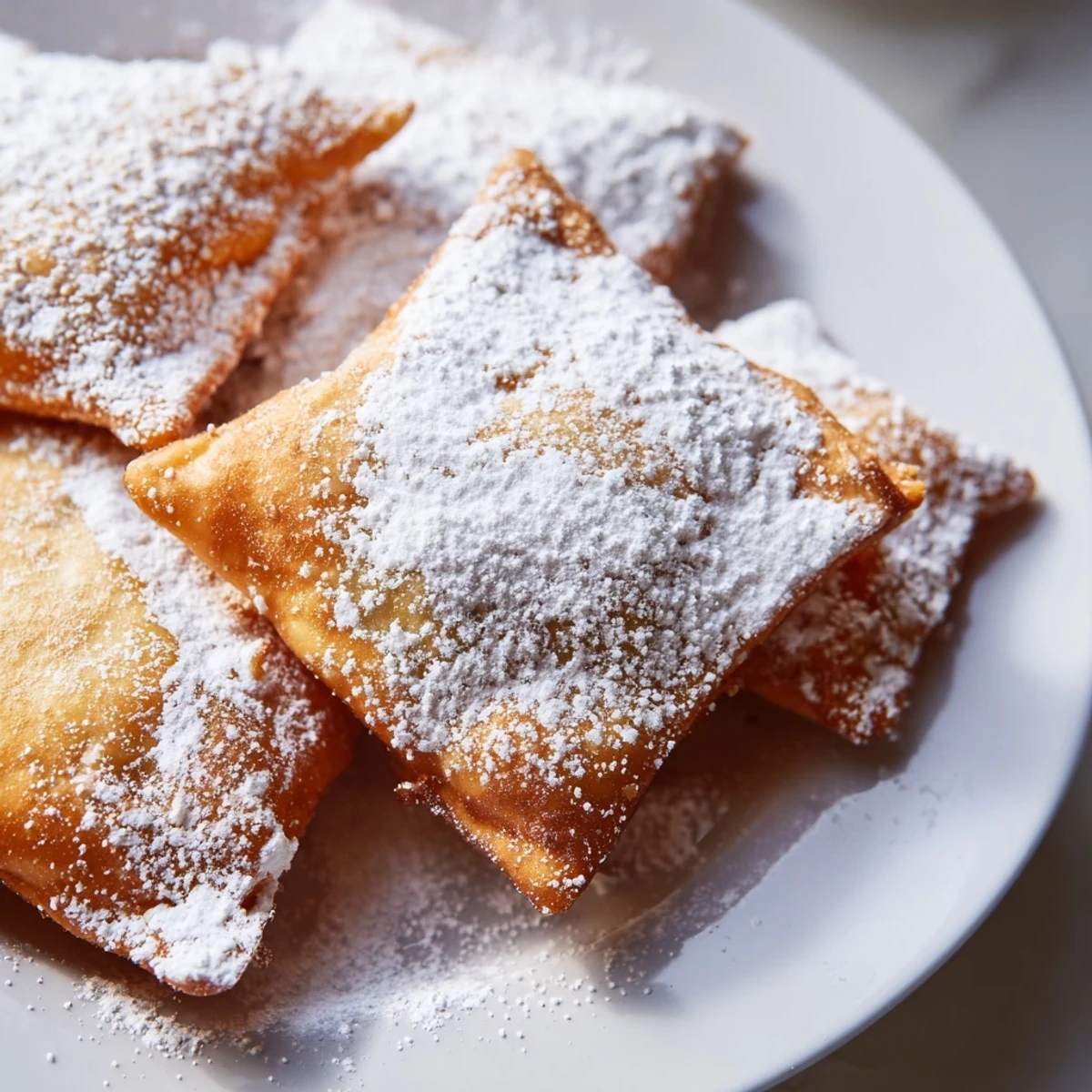 Golden Mardi Gras fried dough squares, lightly dusted with powdered sugar, ready to be served warm from the fryer.  