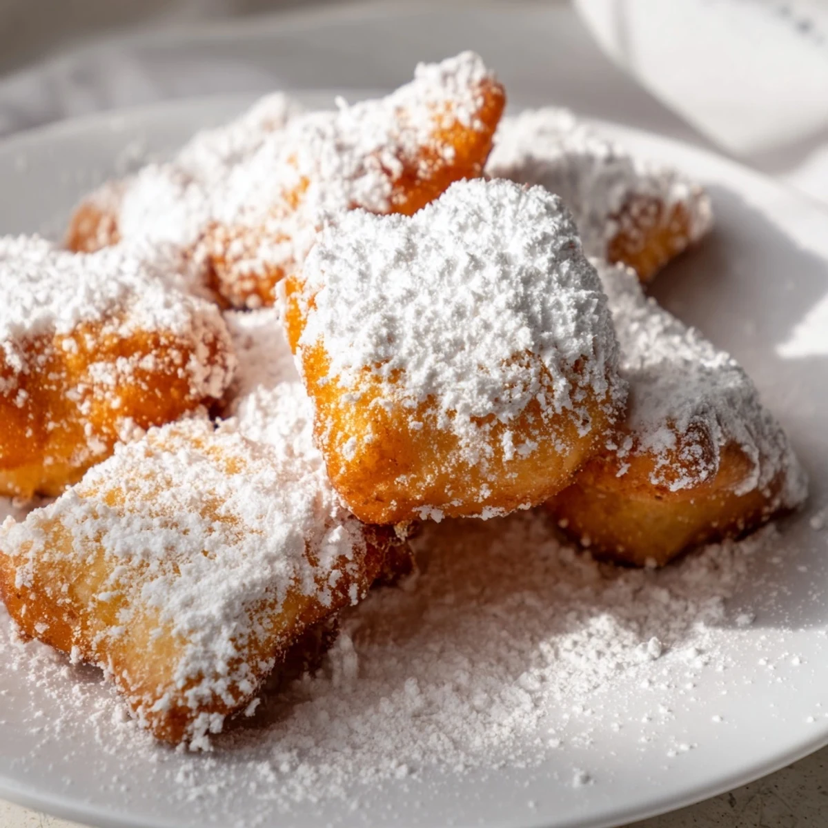 Freshly fried Mardi Gras dough pieces, golden brown and sprinkled with sugar, perfect for a festive dessert platter.