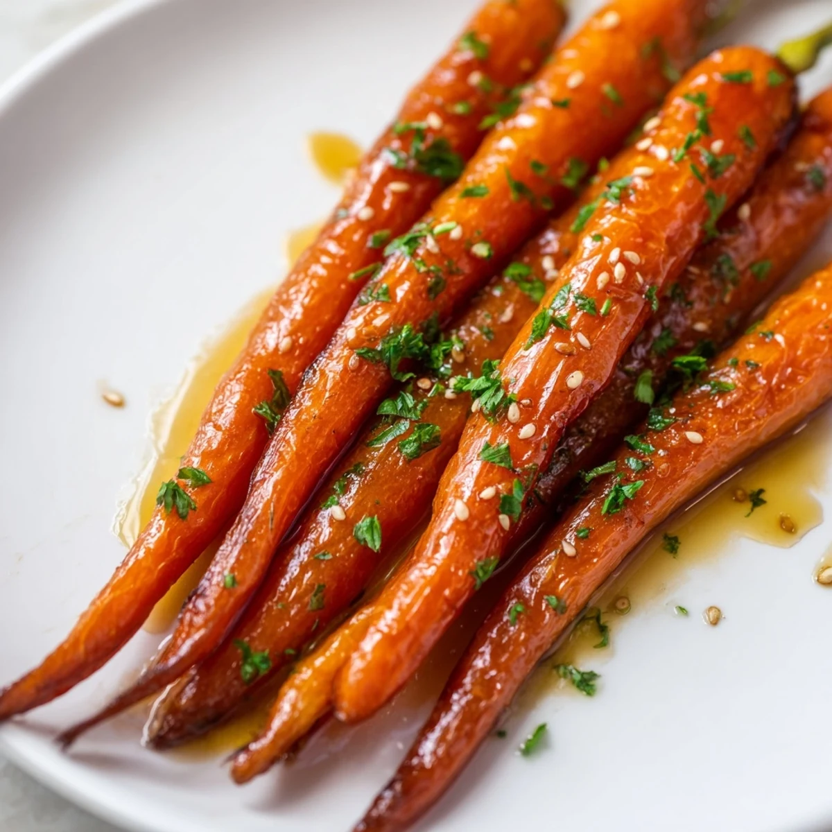 Glazed roasted carrots fresh from the oven, glistening with honey and topped with fresh parsley on a serving platter.