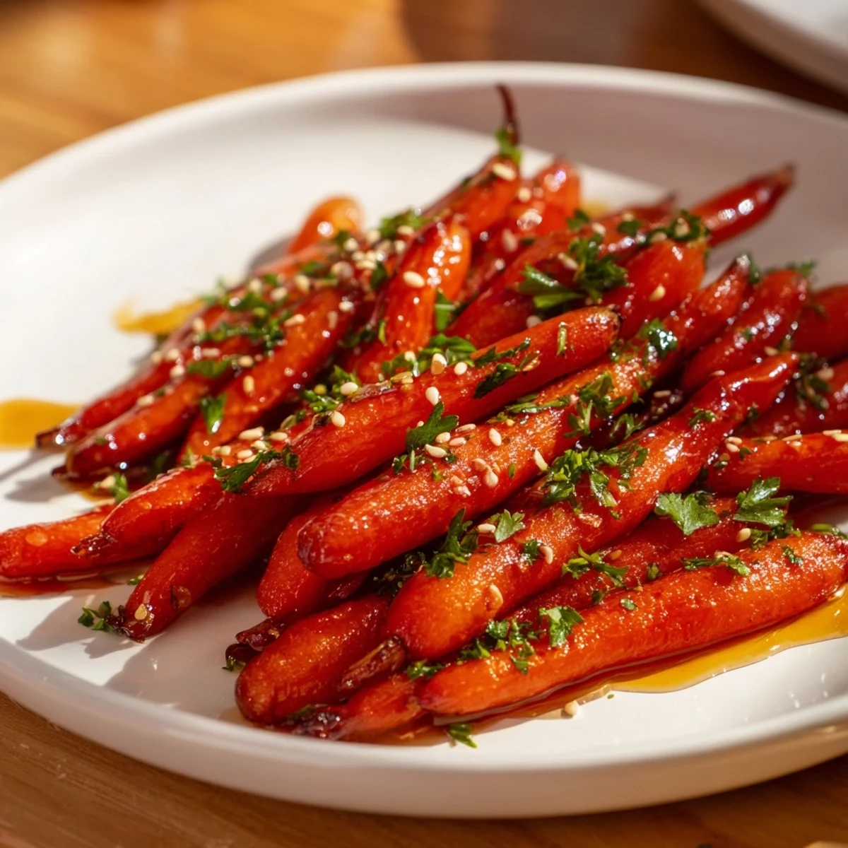 Tender honey glazed carrots roasted to caramelized perfection, garnished with sesame seeds for a savory-sweet side dish.
