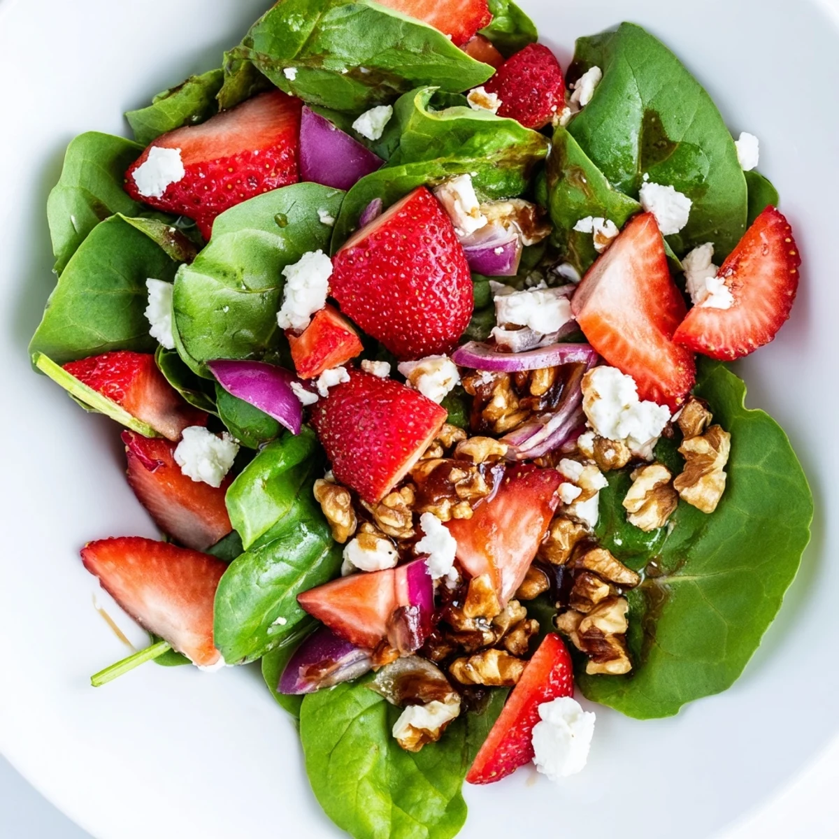 Freshly sliced strawberries and tender baby spinach tossed in a tangy balsamic vinaigrette for a vibrant salad.