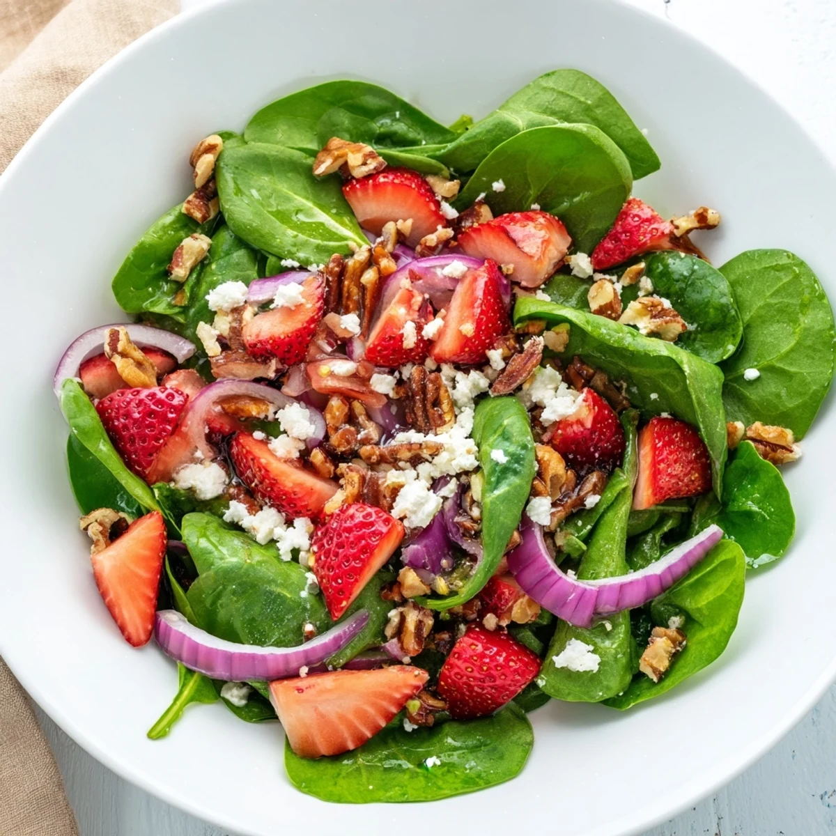 A refreshing Strawberry Spinach Salad with Walnuts served on a white plate, perfect for a light summer lunch.