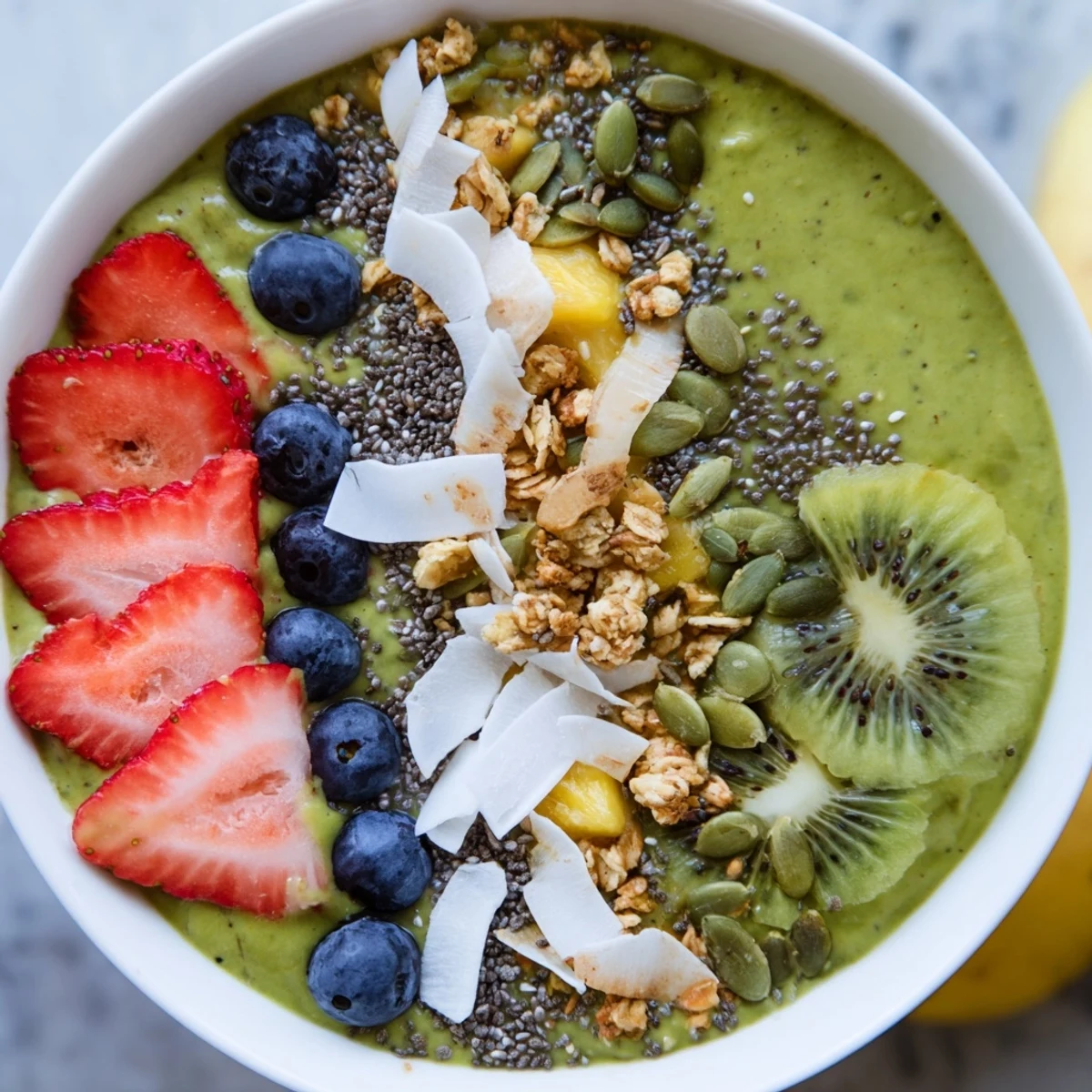 Freshly blended Green Smoothie Bowl with Toppings served in a bowl, featuring kale, banana, and a colorful arrangement of fresh fruit.