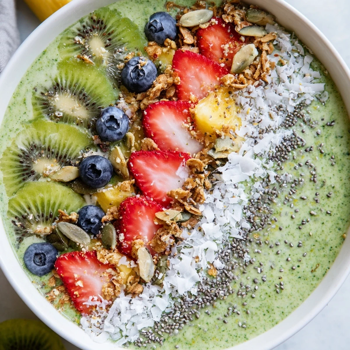 A spoon is poised over the thick, bright green smoothie base, garnished with blueberries, shredded coconut, and pumpkin seeds.