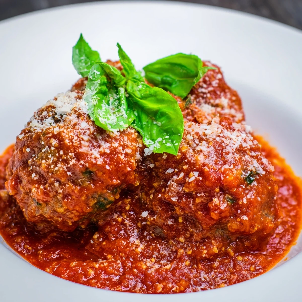 Tender beef meatballs simmer in rich marinara sauce, garnished with fresh basil and extra Parmesan.  