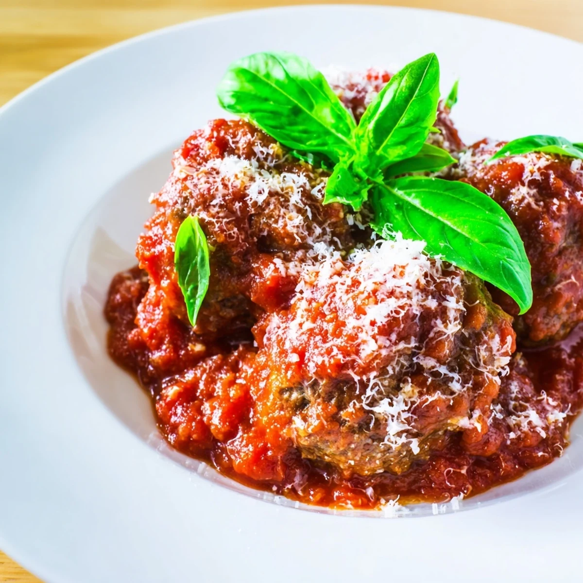 Eighteen hearty beef meatballs rest in a skillet of aromatic marinara sauce for pasta night.  