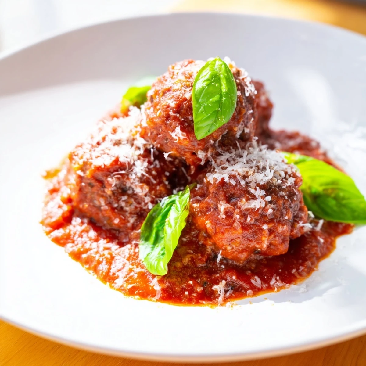 A close-up of golden beef meatballs in vibrant marinara, served alongside warm, crusty bread.