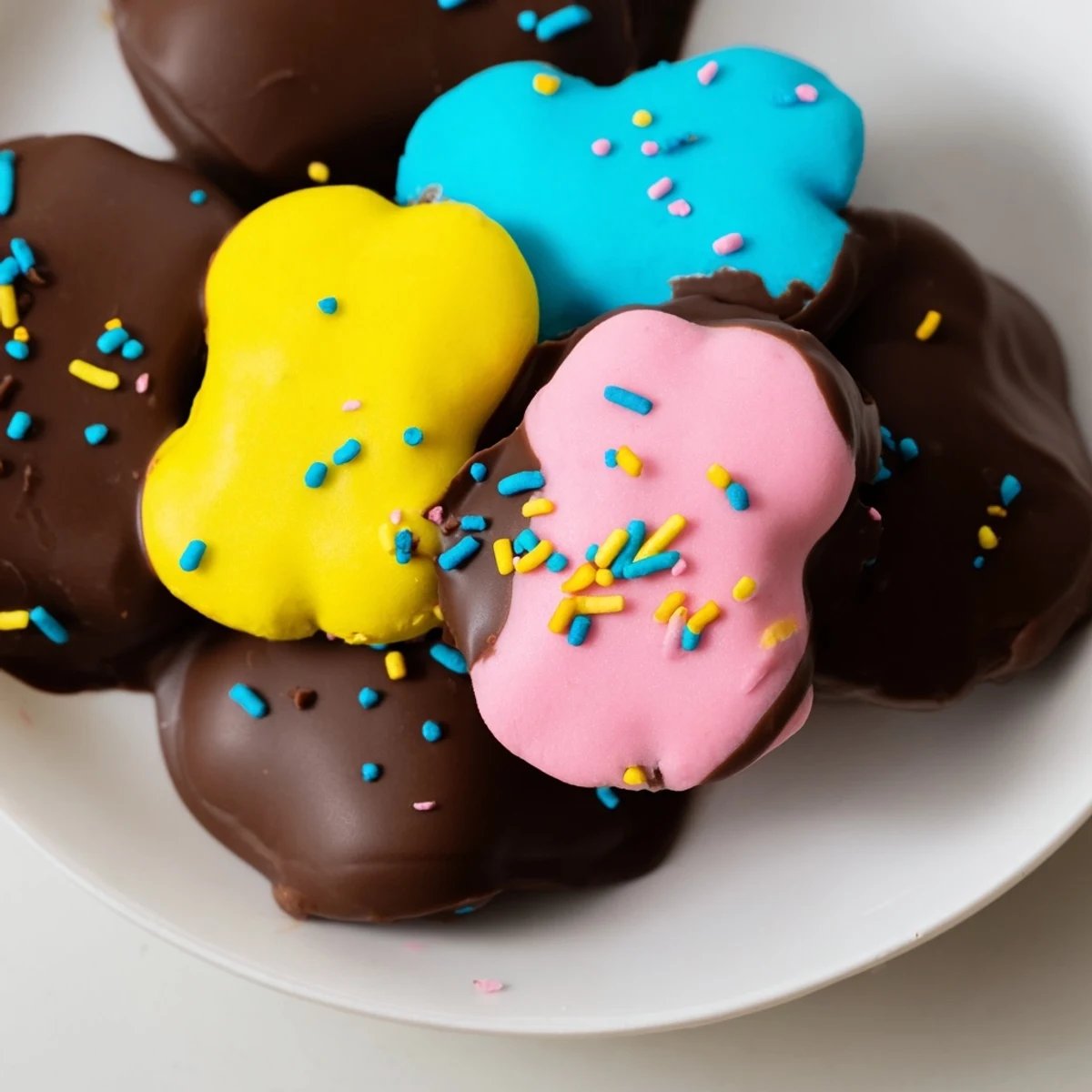 Twelve colorful Peeps marshmallows dipped in glossy melted chocolate, glistening on parchment paper for a festive treat.