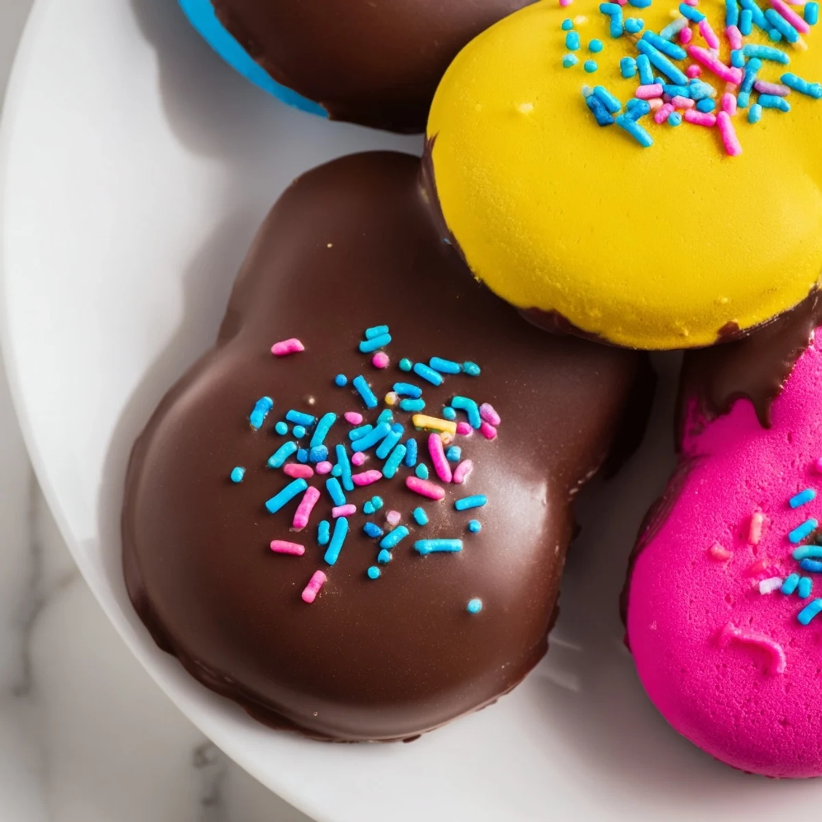 Ready-to-eat chocolate-covered Peeps arranged on a tray, perfect for Easter celebrations or a whimsical dessert platter.
