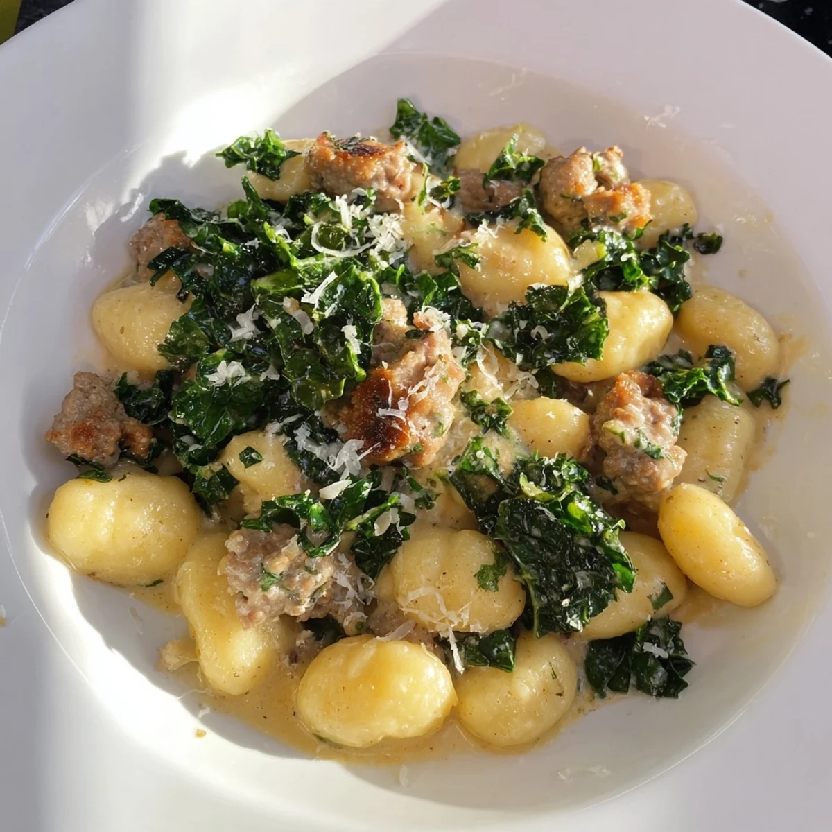 Creamy Gnocchi with Sausage and Kale in a rich sauce, steam rising from a cozy one-pan dinner.