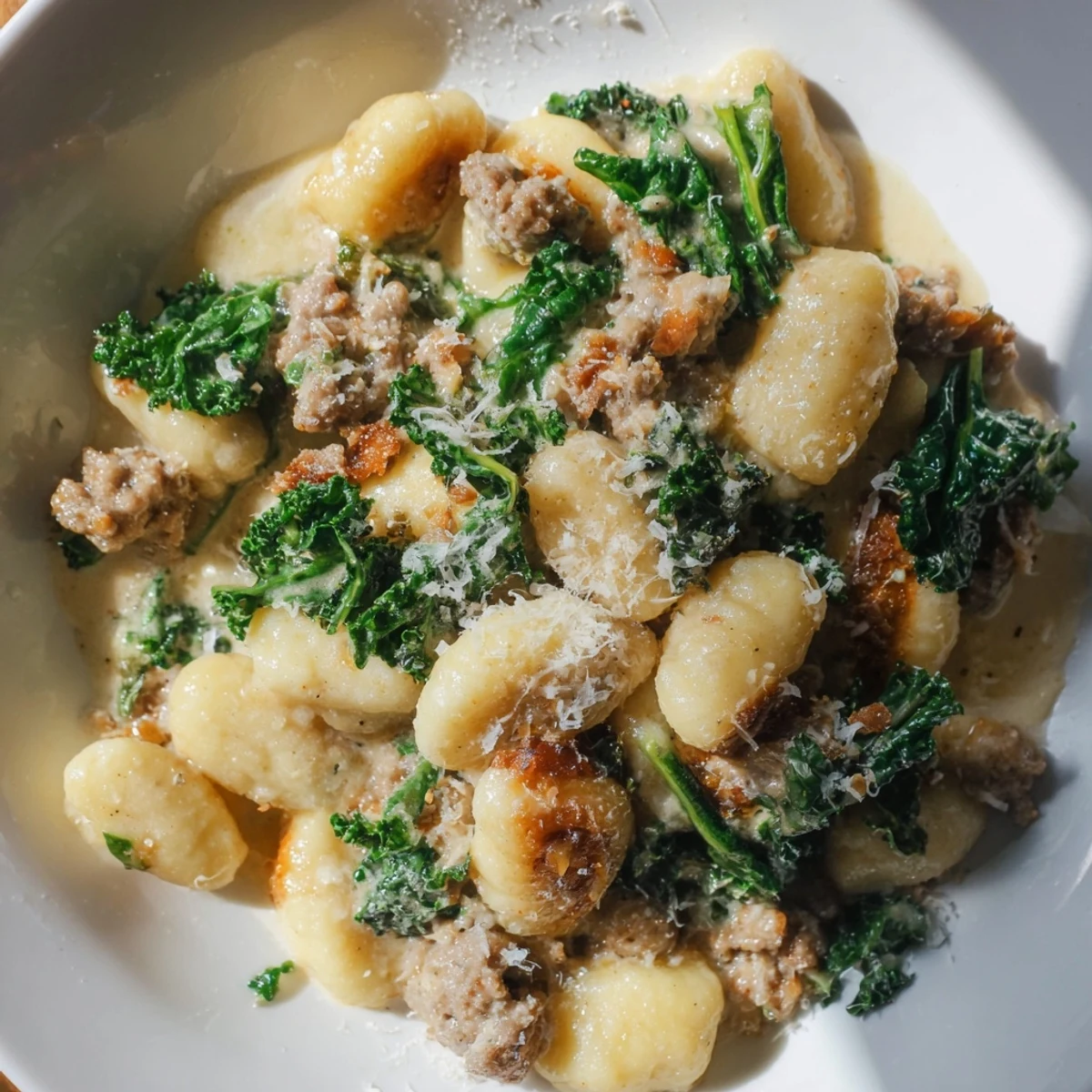 Freshly cooked Creamy Gnocchi with Sausage and Kale in a skillet, garnished with melted Parmesan and garlic.
