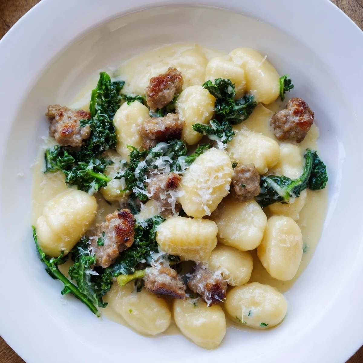 A hearty serving of Creamy Gnocchi with Sausage and Kale paired with a glass of white wine.