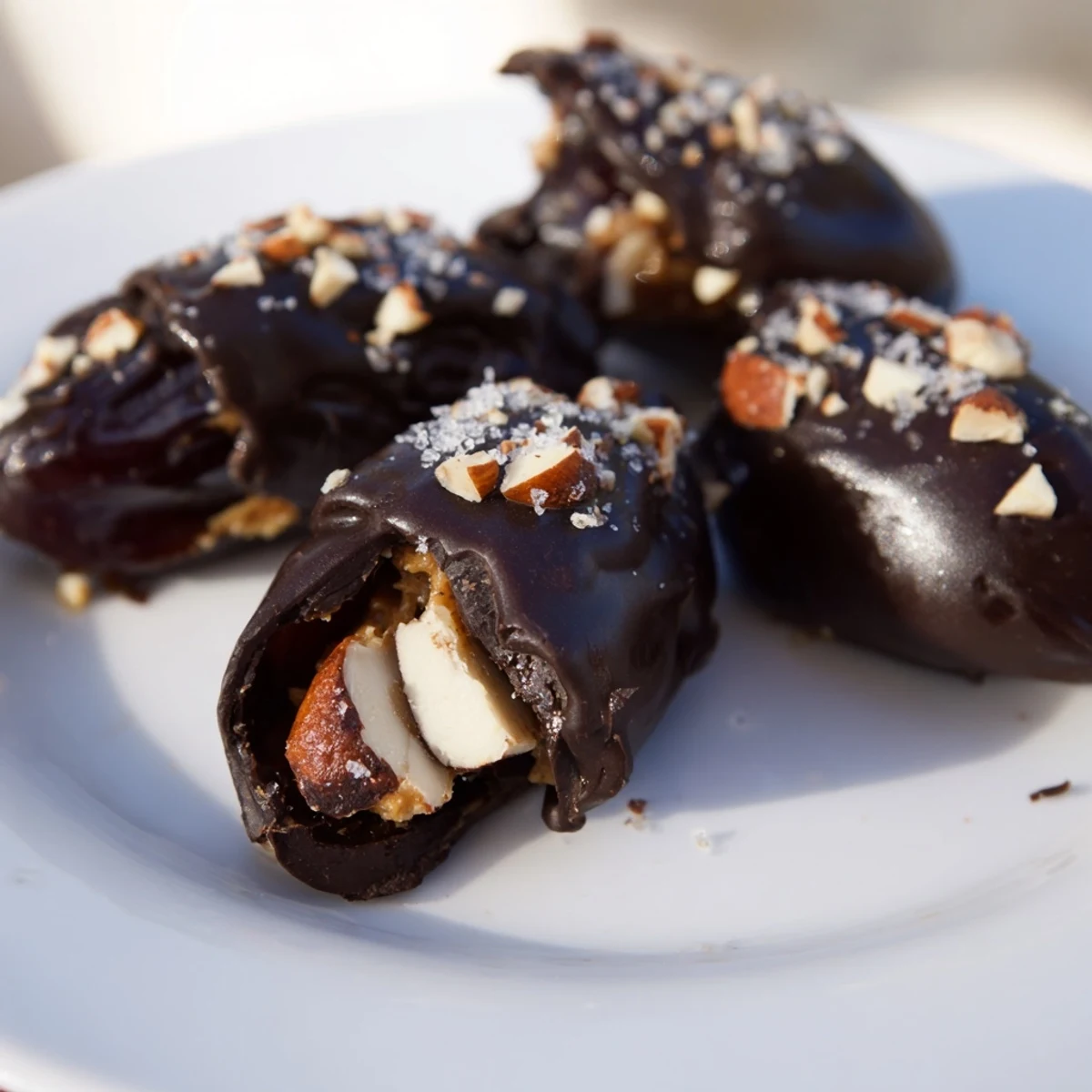 Close-up view of Chocolate Covered Dates Stuffed with Almond Butter showing rich dark chocolate and chopped almonds.