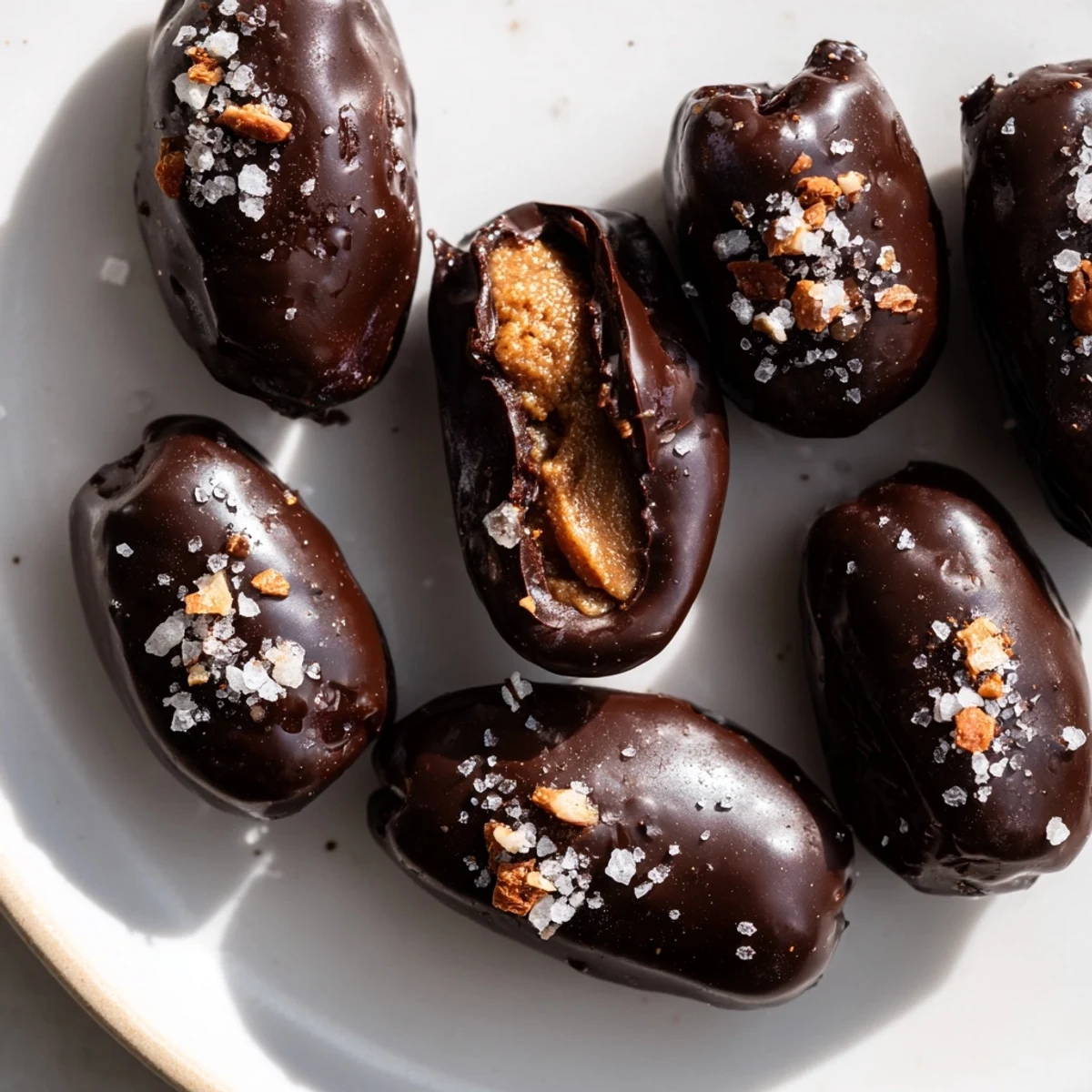 Chocolate Covered Dates Stuffed with Almond Butter glistening on a chilled plate, ready to serve as a sweet gluten-free snack.
