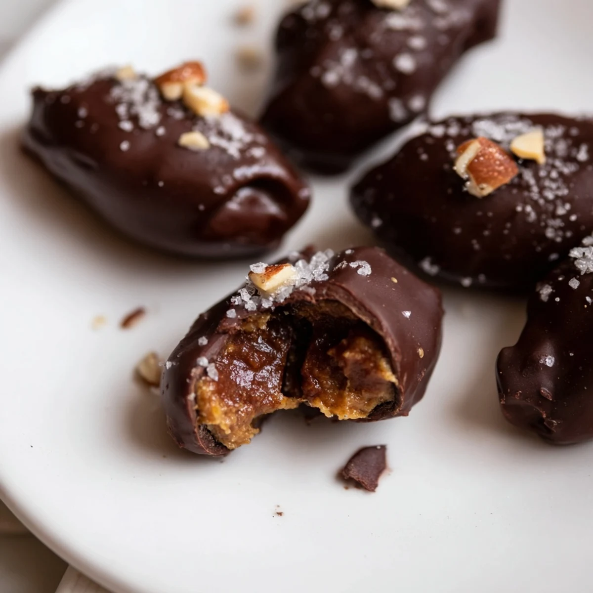 Freshly prepared Chocolate Covered Dates Stuffed with Almond Butter arranged on parchment for a healthy dessert option.