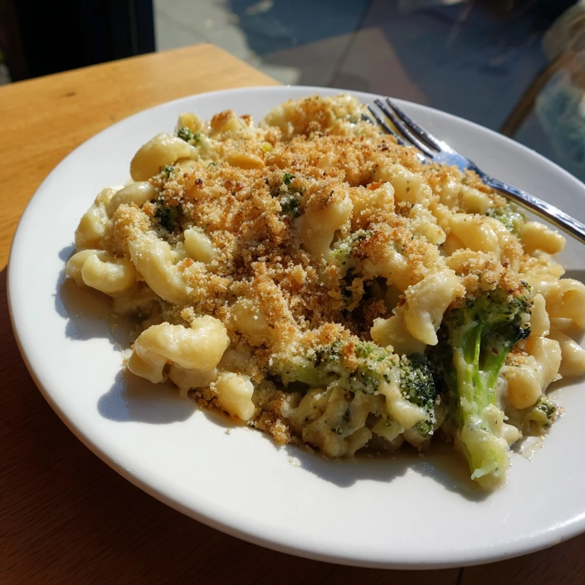 Overhead view of Baked Macaroni and Cheese with Broccoli served in a casserole dish with tender green florets.