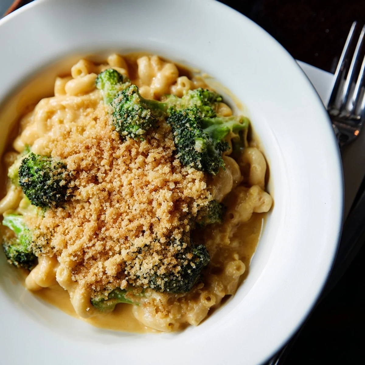 A close-up of Baked Macaroni and Cheese with Broccoli featuring a golden breadcrumb crust and melted cheese sauce.