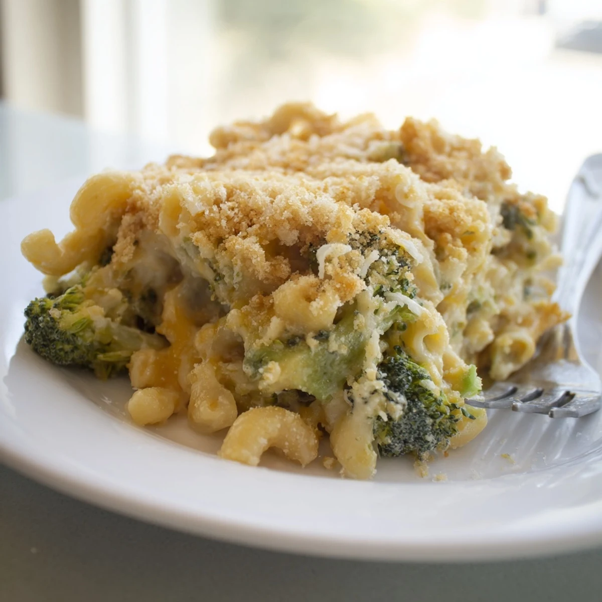 Baked Macaroni and Cheese with Broccoli is plated as a comforting family dinner, garnished with fresh breadcrumbs.